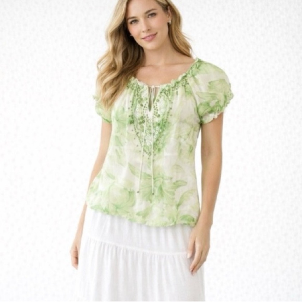 NWT Raga Beaded Short Puff Sleeve Tee - Size Medium Tie Front Green Tunic Top
